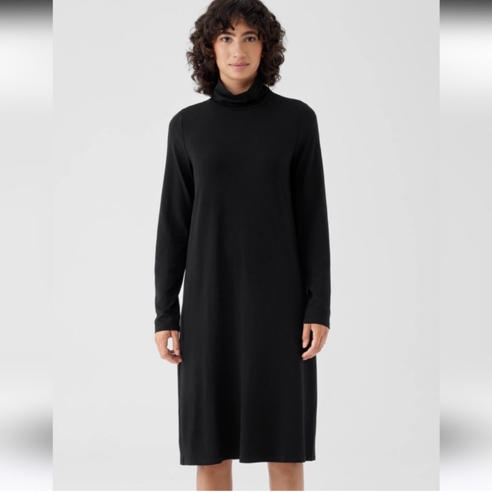 Eileen Fisher Black 100% Silk‎ Turtle Neck Long Sleeve mid Dress XS